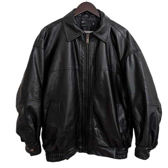 ASOS Jackets & Blazers - ASOS DESIGN Faux Leather Bomber Jacket with Collar - Black US 8